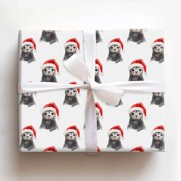 Santa Hat Pup Holiday Gift Wrap, Baby Seal Christmas Wrapping Paper, Adorable Winter Animal Wrapping Paper, Festive Ocean The