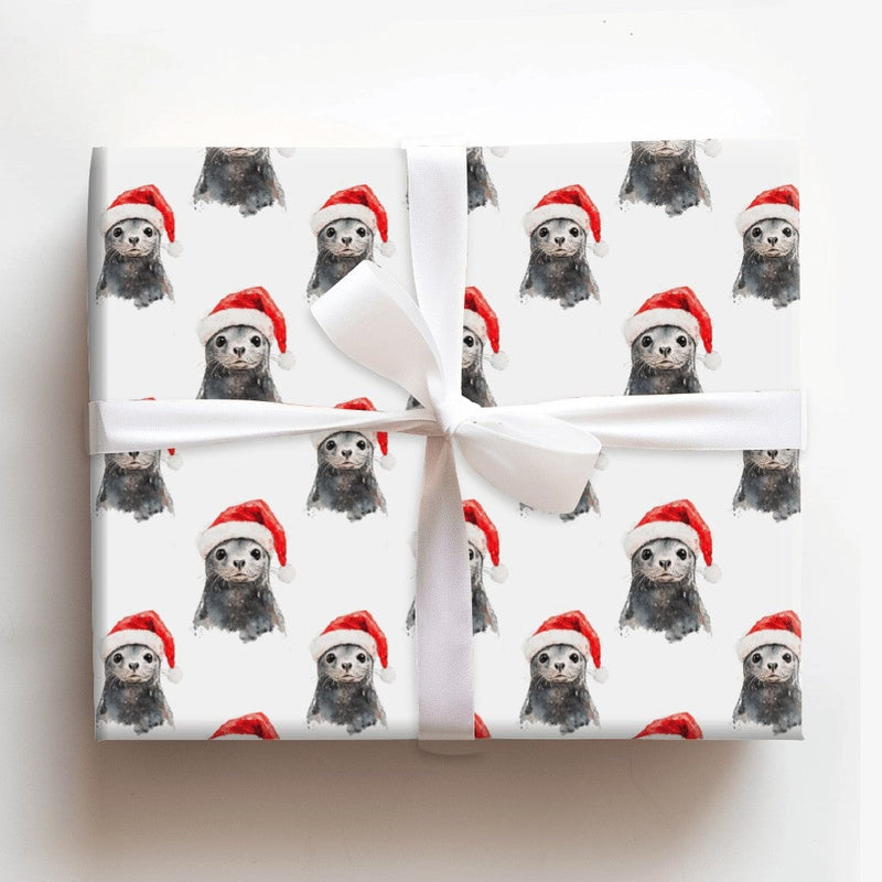 Santa Hat Pup Holiday Gift Wrap, Baby Seal Christmas Wrapping Paper, Adorable Winter Animal Wrapping Paper, Festive Ocean Theme Wrapping Paper