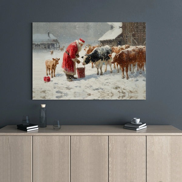 Snowy Farm Christmas Canvas Wall Art, Santa Feeding Cows Canvas Print, Rustic Farmhouse Winter Canvas Decor, Holiday Cattle C
