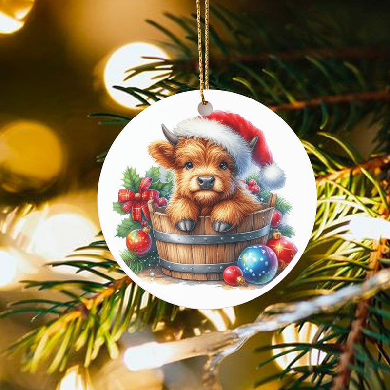 Adorable Cow in Bucket Ornament, Baby Highland Cow Christmas Ornament, Farmhouse Animal Ceramic Ornament, Rustic Holiday Tree Decor Present