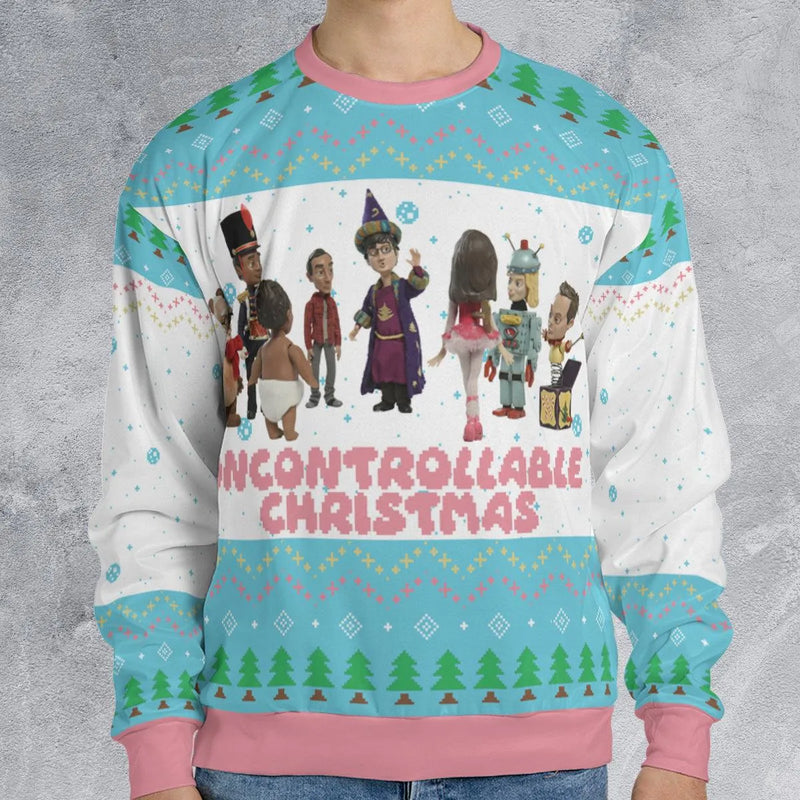 Retro Pattern Holiday Sweatshirt, Uncontrollable Ugly Christmas Sweater, Festive Xmas Crewneck Pullover, Winter Holiday Party Apparel