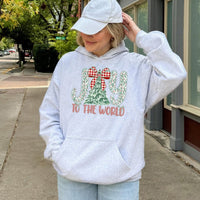 Christmas Tree Plaid Bow Hooded Sweatshirt, Joy to the World Hoodie, Christian Holiday Pullover, Festive Xmas Hoodie, Winter Holiday Present