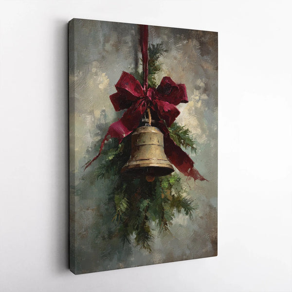 Oil Painting Style Pine Branches Wall Art, Vintage Christmas Bell Canvas Art, Red Bow Holiday Canvas Print
