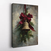 Oil Painting Style Pine Branches Wall Art, Vintage Christmas Bell Canvas Art, Red Bow Holiday Canvas Print