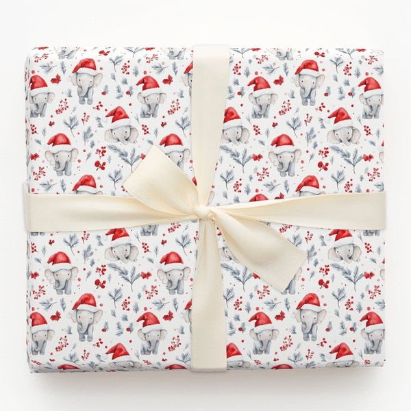 Santa Hat Animal Gift Wrap, Adorable Baby Elephant Christmas Wrapping Paper, Winter Foliage Baby Elephant Wrapping Paper, Hol