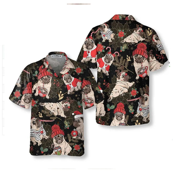 Festive Dog Holiday Aloha Shirt, Merry Pug Christmas Hawaiian Shirt, Humorous Pug Lover Button Down Shirt, Adorable Xmas Dog 