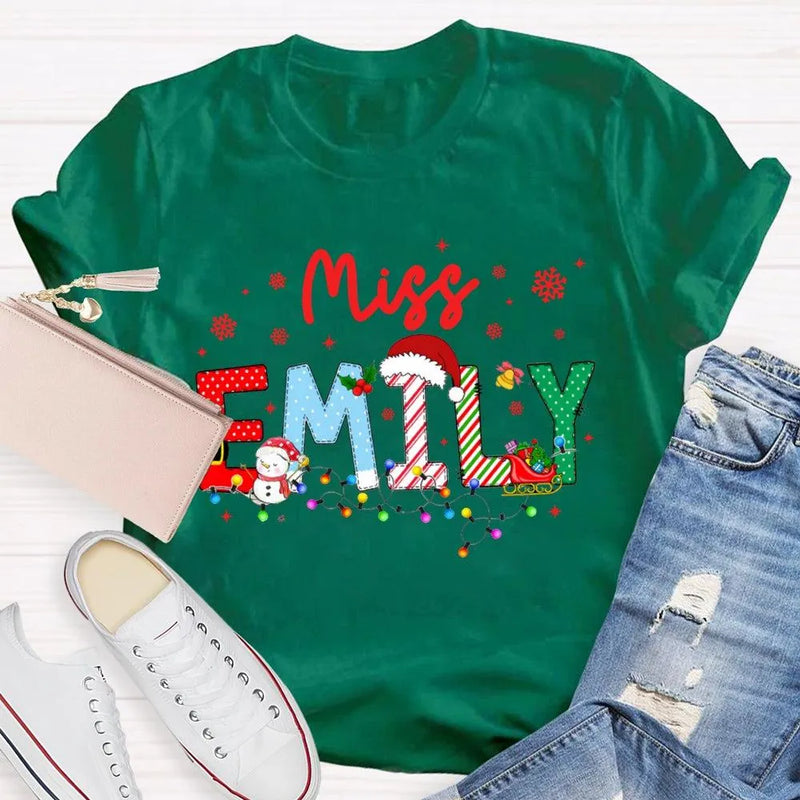Custom Snowflake Holiday T-Shirt, Personalized Christmas Lights Teacher Shirt, Festive Classroom Graphic Tee, Teacher Xmas Present