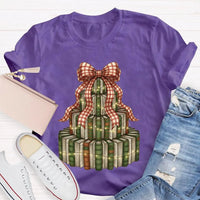 Bookworm Holiday Graphic Tee, Books Bows Lights Christmas Tree Shirt, Comfy Bookish Christmas T-Shirt, Reader Teacher Xmas Present Tee