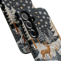 Snowy Forest Textured Stitch Look Phone Cover, Winter Deer Samsung Galaxy Phone Case, Comfy Christmas Dual Layer Tough Phone Case