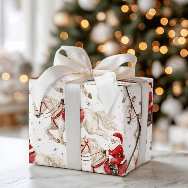 Watercolor Santa on Horse Gift Wrap, Equestrian Santa Wrapping Paper, Horse Lover Christmas Wrapping Paper, Holiday Gift Wrap