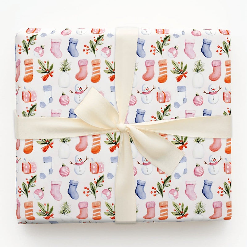 Christmas Icons Wrapping Paper, Watercolor Snowman Stocking Wrapping Paper, Festive Holiday Wrapping Paper Roll, Winter Present Gift Wrap