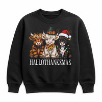 Adorable Holiday Crewneck, Highland Cow Christmas Sweatshirt, Festive Hallothanksmas Sweatshirt, Humorous Winter Pullover, Animal Lover Xmas Present