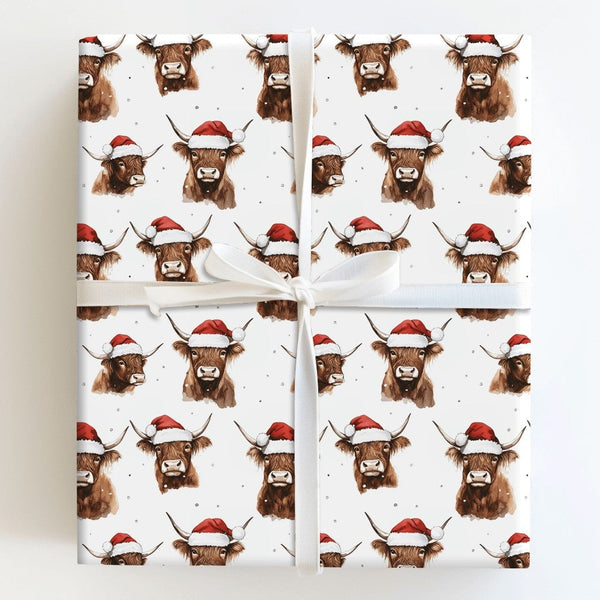 Santa Hat Cow Gift Wrap, Highland Cow Christmas Wrapping Paper, Rustic Farm Animal Wrapping Paper, Farmhouse Christmas Gift W