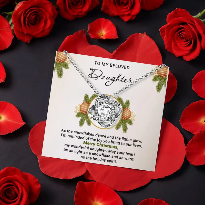 Rotating Rose Box CZ Knot Pendant, Daughter Christmas Love Knot Necklace, Holiday Daughter Knot Jewelry, Christmas Keepsake Present