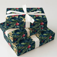 Gold Ornament Holiday Gift Wrap, Navy Poinsettia Christmas Wrapping Paper, Botanical Winter Wrapping Paper, Festive Floral Gift Wrap Roll