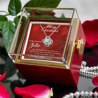 Rotating Rose Box, Sister Christmas Love Knot Necklace, CZ Crystal Pendant, Sentimental Sister Holiday Love Knot Jewelry Present for Her
