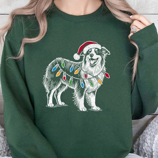 Aussie Santa Lights Sweatshirt, Australian Shepherd Christmas Sweatshirt, Adorable Shepherd Dog Holiday Sweater, Pet Lover Xm