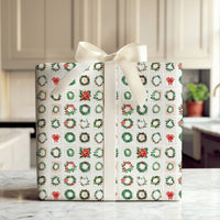 Vintage Christmas Stamp Gift Wrap, Holiday Wreath Poinsettia Wrapping Paper, Floral Botanical Wrapping Paper, Holiday Season Gift Wrap Roll