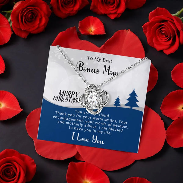 Stepmother Pendant Necklace, Bonus Mom Love Knot Necklace, Sparkling CZ Knot Necklace, Rotating Rose Box Jewelry, Mother Chri