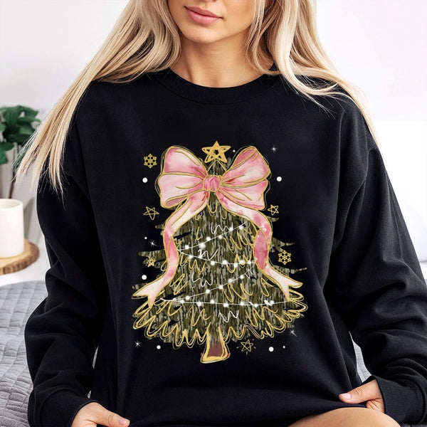 Pink Coquette Bow Holiday Sweater, Camo Christmas Tree Sweatshirt, Camouflage Christmas Crewneck, Adorable Winter Pullover, X
