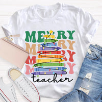 Holiday Classroom Graphic Shirt, Crayon Christmas Tree Teacher T-Shirt, Adorable Festive Xmas Tee, Present for Teachers
