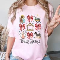 True Story Luke 2 1-20 Nativity Shirt, Nativity Scene Christmas T-Shirt, Christian Holiday Coquette Bow Tee, Religious Nativity Graphic Tee