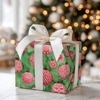 Pink Red Christmas Wrapping Paper, Watercolor Ornament Wrapping Paper, Vintage Bauble Holiday Gift Wrap, Festive Green Paper, Present Wrap