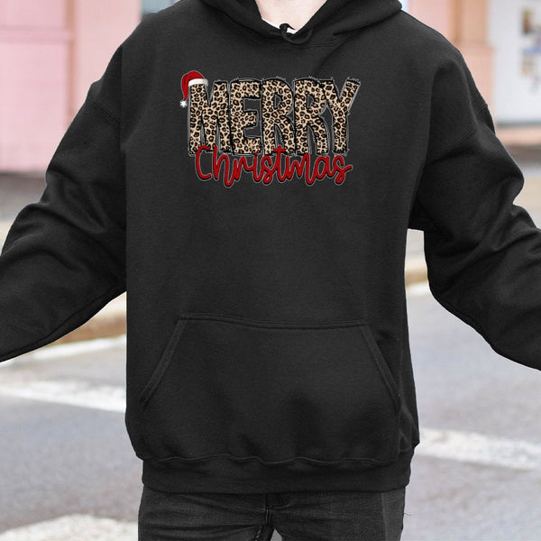 Retro Festive Holiday Sweatshirt, Merry Christmas Leopard Santa Hat Hoodie, Adorable Winter Xmas Pullover, Family Christmas H