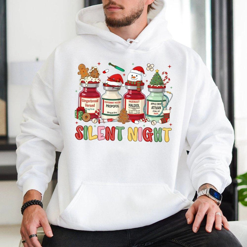 Medication Vials Christmas Hoodie, Silent Night Nurse Hoodie, Humorous Medical ICU RN Holiday Hoodie, Winter Healthcare Graphic Sweatshirt