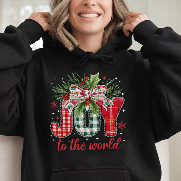 Buffalo Plaid Holiday Hooded Sweatshirt, Joy to the World Christmas Hoodie, Religious Xmas Pullover, Christian Typography Hoo