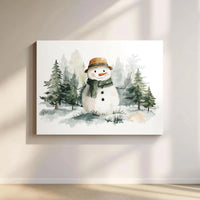 Winter Forest Landscape Canvas, Watercolor Snowman Canvas Wall Art, Snowman Wall Decor, Holiday Canvas Art, Christmas Home Decor Present