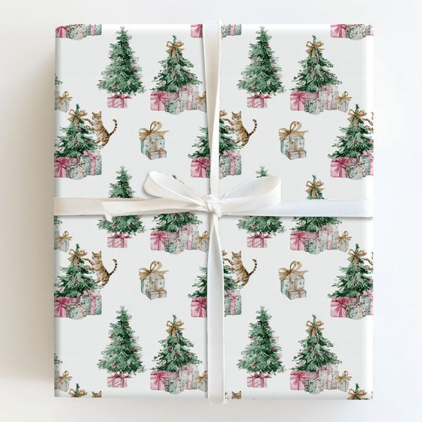 Watercolor Kitten Tree Gift Wrap, Tabby Cat Christmas Wrapping Paper, Humorous Cat Lover Holiday Wrapping Paper, Xmas Gift Wr