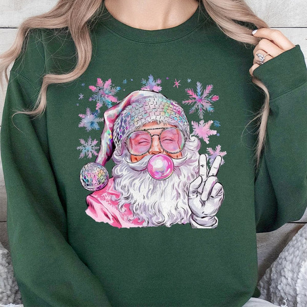 Retro Disco Ball Hat Bubblegum Christmas Crewneck, Cool Santa Sweatshirt, Humorous Pink Santa Sweatshirt, Adorable Holiday Pu