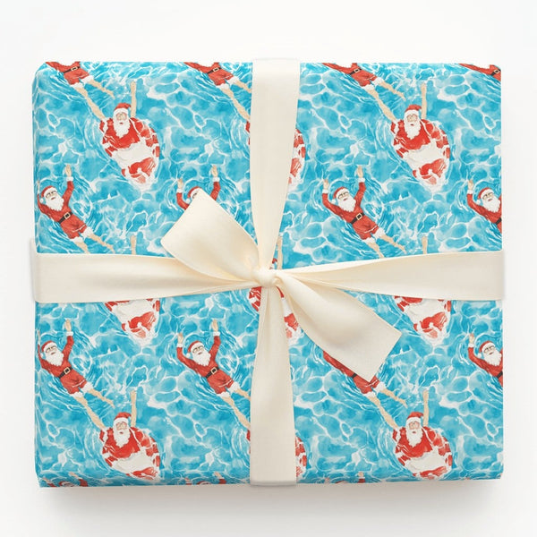 Tropical Pool Santa Claus Gift Wrap, Swimming Santa Wrapping Paper, Summer Christmas Holiday Paper, Humorous Vacation Wrappin