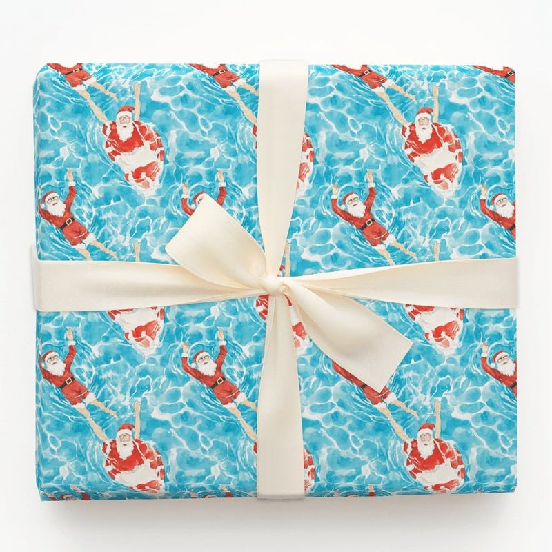 Tropical Pool Santa Claus Gift Wrap, Swimming Santa Wrapping Paper, Summer Christmas Holiday Paper, Humorous Vacation Wrapping Paper Roll