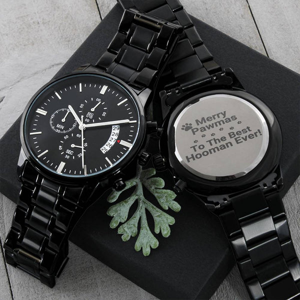 Engraved Chronograph Watch, Merry Pawmas Dog Lover Watch, Personalized Black Watch, Dog Dad Christmas Watch, Holiday Keepsake