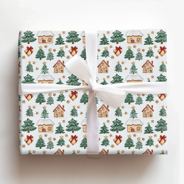 Gold Star Cottage Gift Wrap, Watercolor Christmas Village Wrapping Paper, Rustic Pine Tree Wrapping Paper, Whimsical Holiday 