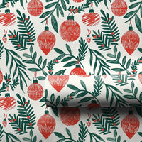 Holly and Pine Foliage Gift Wrap, Christmas Ornament Wrapping Paper, Red Berry Holiday Wrapping Paper, Classic Xmas Gift Wrap Roll