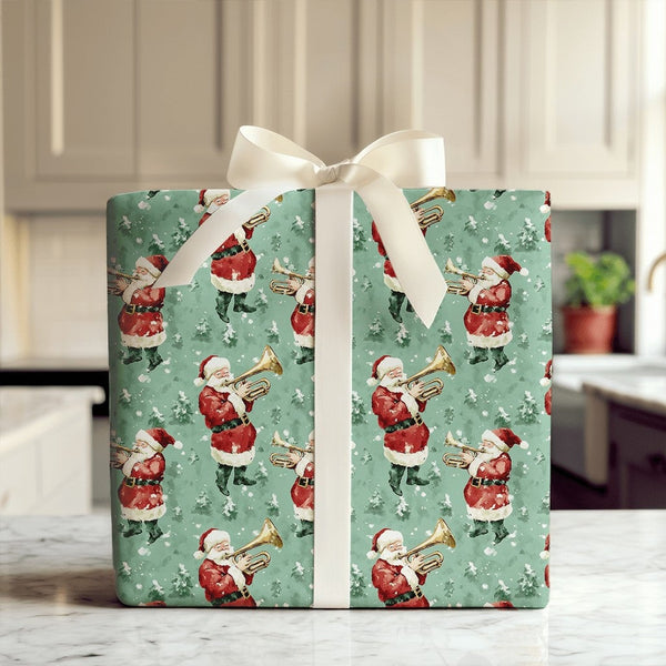 Musical Christmas Gift Wrap, Vintage Santa Band Wrapping Paper, Brass Trumpet Holiday Present Paper, Sage Green Xmas Gift Wra