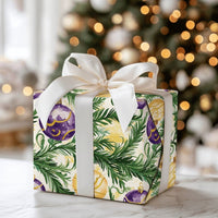 Watercolor Holiday Pine Gift Wrap, Purple and Gold Ornament Christmas Wrapping Paper, Festive Baubles Wrapping Paper, Elegant Xmas Gift Wrap