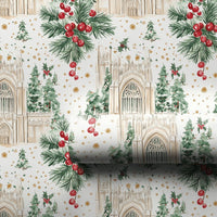 Gothic Church Holiday Wrapping Paper, Cathedral Christmas Wrapping Paper, Holly Berry Winter Wrapping Paper, Elegant Church Scene Gift Wrap