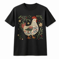 Folk Art Rooster Holiday Graphic Tee, Christmas Chicken T-Shirt, Farmhouse Winter Country T-Shirt, Festive Chicken Lover Xmas Present