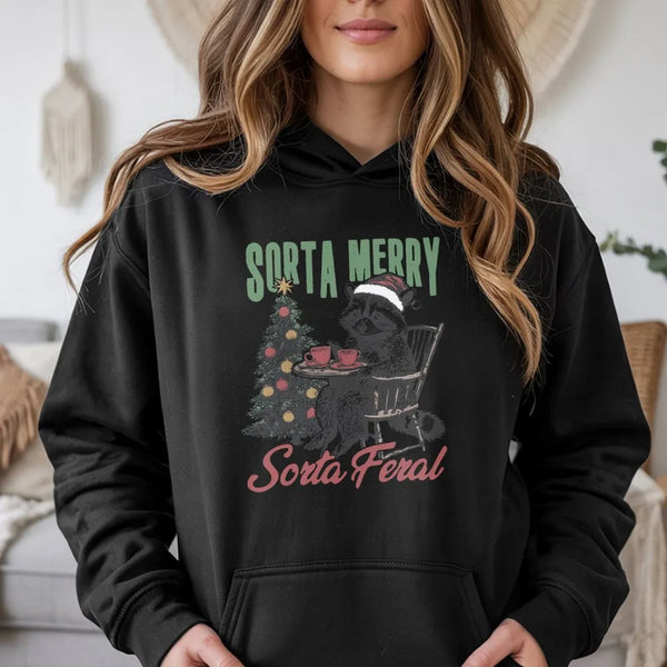 Humorous Christmas Raccoon Hooded Sweatshirt, Sorta Merry Sorta Feral Raccoon Hoodie, Adorable Xmas Animal Pullover, Wildlife