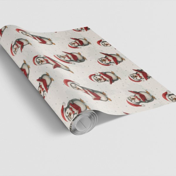 Whimsical Winter Animal Gift Wrap, Snowy Caroling Penguin Wrapping Paper, Adorable Christmas Present Paper, Holiday Penguin W