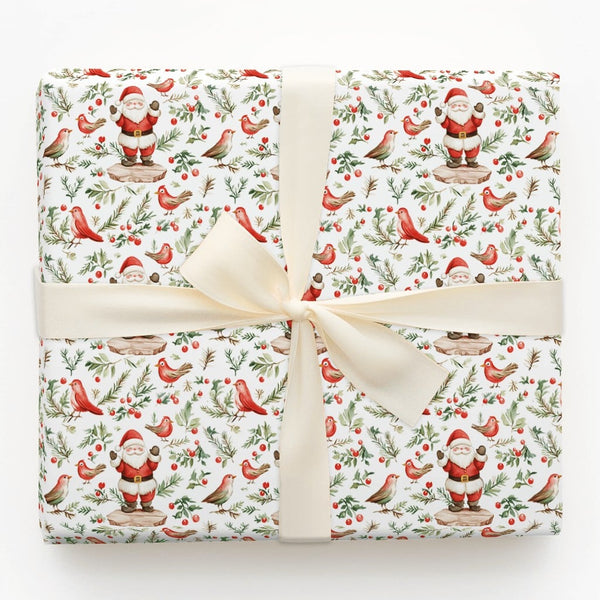 Red Birds Winter Holiday Gift Wrap, Watercolor Santa Claus Wrapping Paper, Holly Branch Christmas Wrapping Paper, Festive Pre