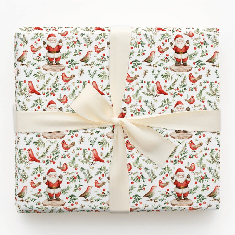 Red Birds Winter Holiday Gift Wrap, Watercolor Santa Claus Wrapping Paper, Holly Branch Christmas Wrapping Paper, Festive Present Wrap Roll