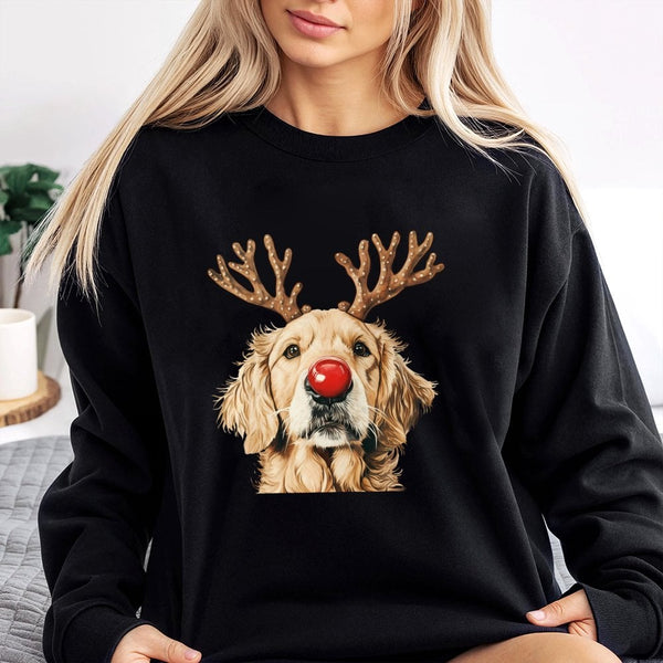Adorable Reindeer Dog Red Nose Crewneck, Golden Retriever Christmas Sweatshirt, Humorous Dog Lover Xmas Sweater, Holiday Pupp