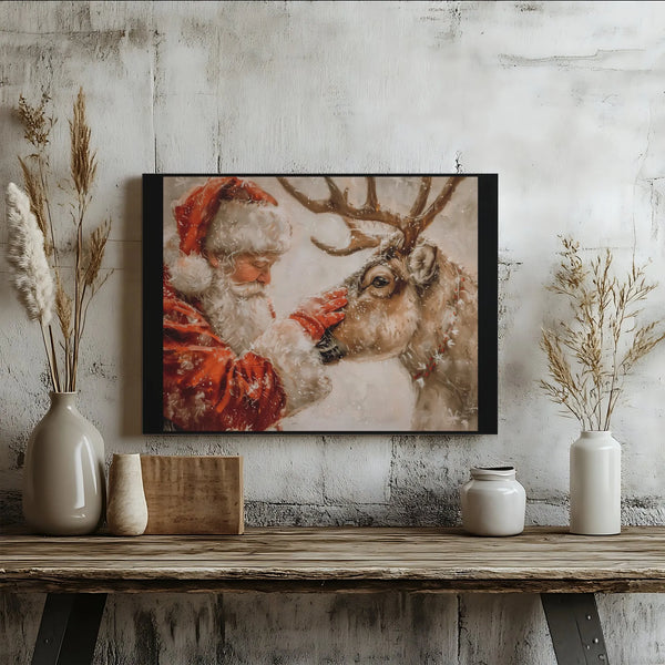 Snowy Holiday Canvas Print, Santa Claus and Reindeer Canvas Wall Art, Whimsical Christmas Wall Decor, Festive Winter Canvas, 