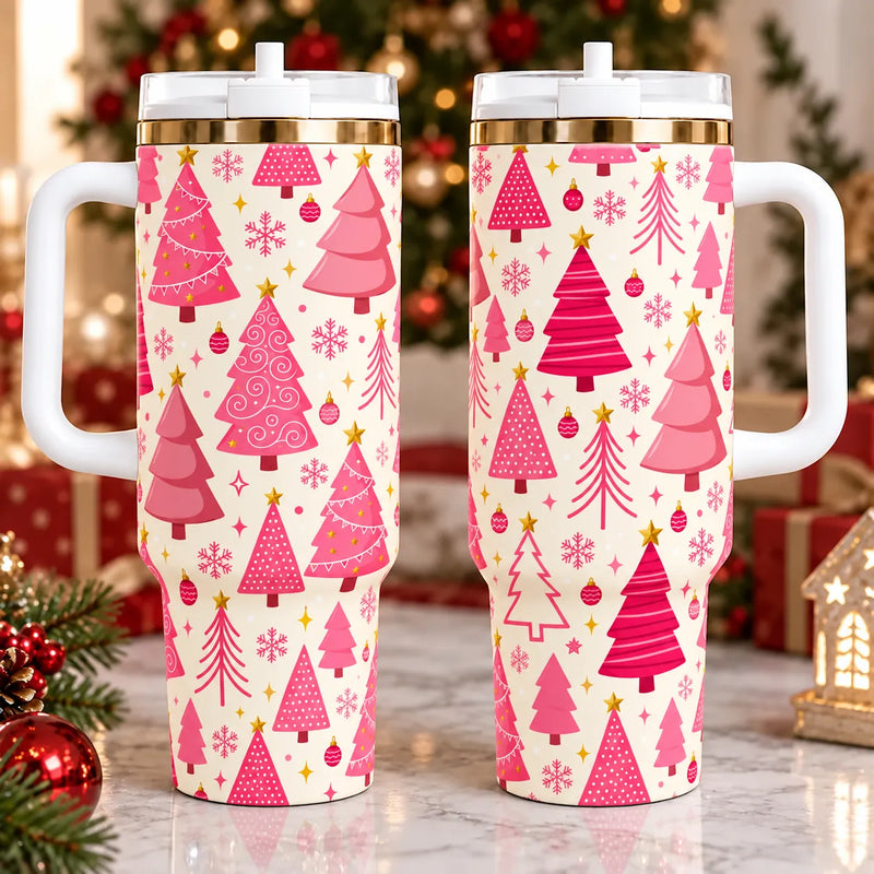 Pastel Holiday Tree Pattern Travel Cup, Pink Christmas Trees Tumbler, Pink Snowflake Xmas Tumbler, Gold Star Christmas Tumbler