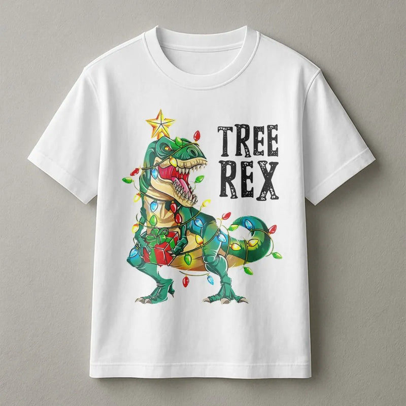 Humorous Dinosaur Holiday Graphic Tee, Tree Rex Christmas T-Shirt, Adorable Trex Xmas Tree Shirt, Retro Dino Winter Holiday T-Shirt, Present for Kids